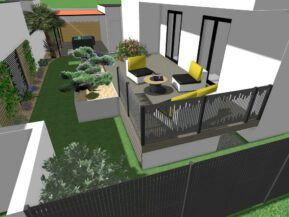 Visualisation 3D Terrasse bois padouk et céramique, Panneaux bois et déco alu ral 7016, Jardinières et massifs végétalisés